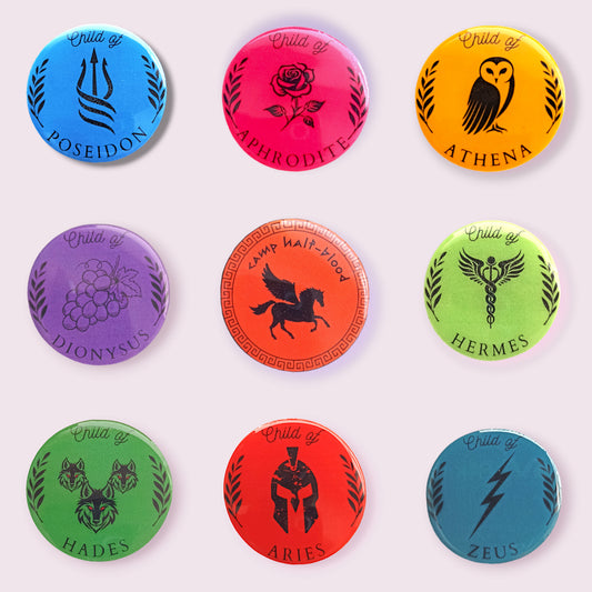 These stunning Greek pantheon / Percy Jackson inspired pins are sure to delight any book, series and even movie fans. These shrink film pins were designed and made in house and are roughly 3cm. Material: shrink film, resin, zinc alloy pin. Please note colour may vary from screen to screen.