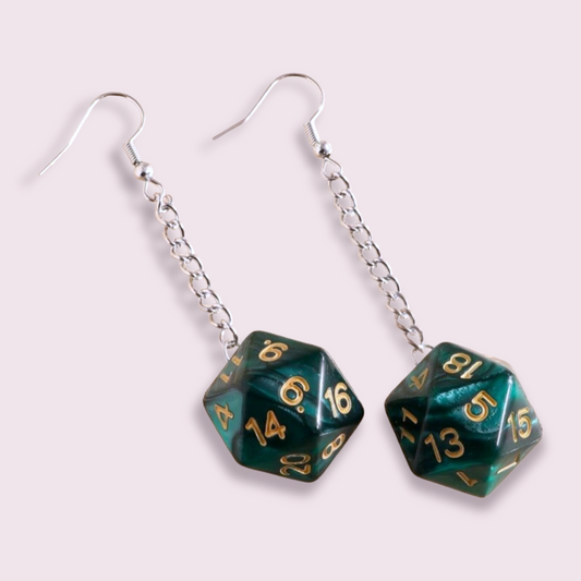 These stunning earrings are perfect for those fans of Dungeons and Dragons, or any boards games really. The dice are 2cm. If you have a nickel allergy, please add a note to your order to swap these hoops for nickel free hooks