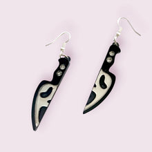 Load image into Gallery viewer, Inspired by my favourite slasher killer, Ghostface. These stunning earrings are made of acrylic and nickel free hooks for those with sensitive ears. Size roughly 5x1cm
