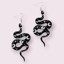 Load image into Gallery viewer, This gorgeous snake earrings are sure to spice up your style. They are made of acrylic and zinc allow. If you have a nickel allergy, please leave a note at checkout and I&#39;ll switch your hooks out for nickel free ones. Size roughly 7x3.5cm
