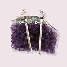 Load image into Gallery viewer, Make a statement with these stunning sword earrings, perfect for anyone trying to edge up their jewellery collection. Pendant size roughly 5.5cm for Medium and 8cm for Large. Material: zinc alloy. If you have a nickel allergy, please add a note to your order at checkout and I’ll switch the alloy hooks to nickel free hooks. 
