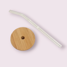 Load image into Gallery viewer, These stunning bamboo lids and glass straws compliment our geeky glasses perfectly. Second picture for reference. Contains one lid and one straw.  Care: Hand wash only. Do not soak or microwave. Dry bamboo lids once washed
