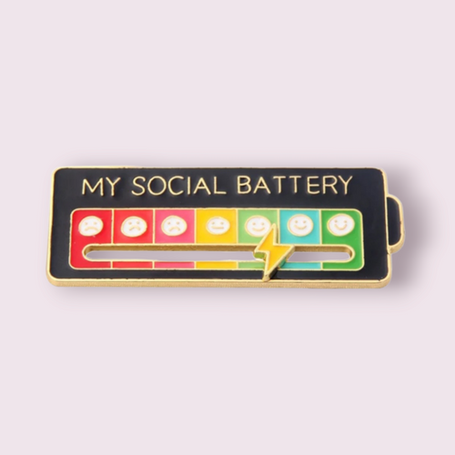 This interactive, sliding pin is perfect for neurodivergent individuals wishing to communicate their social batteries without needing to speak. Material zinc alloy, size roughly 2.4x6cm