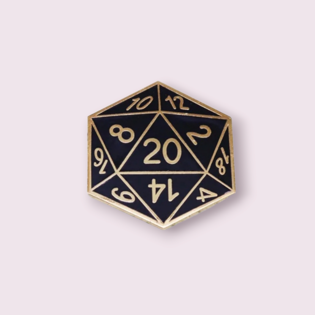 This adorable Dungeons and Dragon D20 inspired pin is perfect for any table top gamer. Depicting a dice landing on nat 20. Size roughly: 2.4cm, material zinc alloy