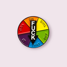 Load image into Gallery viewer, This hilarious spinning swearing pin is sure to bring some laughs and flavour to your outfits. Size roughly 3cm. Material: enamel
