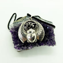 Load image into Gallery viewer, A unique gift for those who are drawn to Egyptian symbolism. The god Ra (Khepri), was often depicted as a scarab or as a scarab headed man. Pendant Size Roughly 3.5x3cm. Material: zinc alloy 
