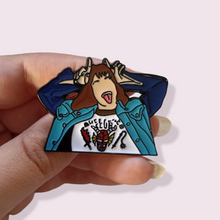 Load image into Gallery viewer, Calling all Stranger Things fans! If you&#39;ve watched the most recent season, you&#39;ll know why I&#39;m so excited about this item. Inspired by the DnD club leader (and hero) featured in season 4, Eddie Munson. Pin Size Roughly 4.5x3.2cm. Material: Zinc Alloy and enamel. Please note the writing on his shirt

