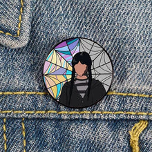 Load image into Gallery viewer, If you&#39;re as much of a fan of the new Addams Family series, Wednesday, this printed pin is sure to make your squeal. Pin Size roughly 3cm
