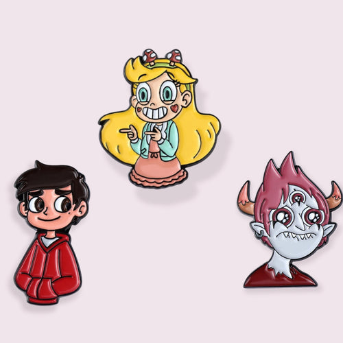So excited about these pins! Star Vs the Forces of Evil is once of my favourite animated shows. If you haven't seen it yet, I highly recommend. Martial: Enamel. Size roughly: Star - 3.3x2.9cm, Marco - 1.5x3cm, Tom - 2.7x3.5cm